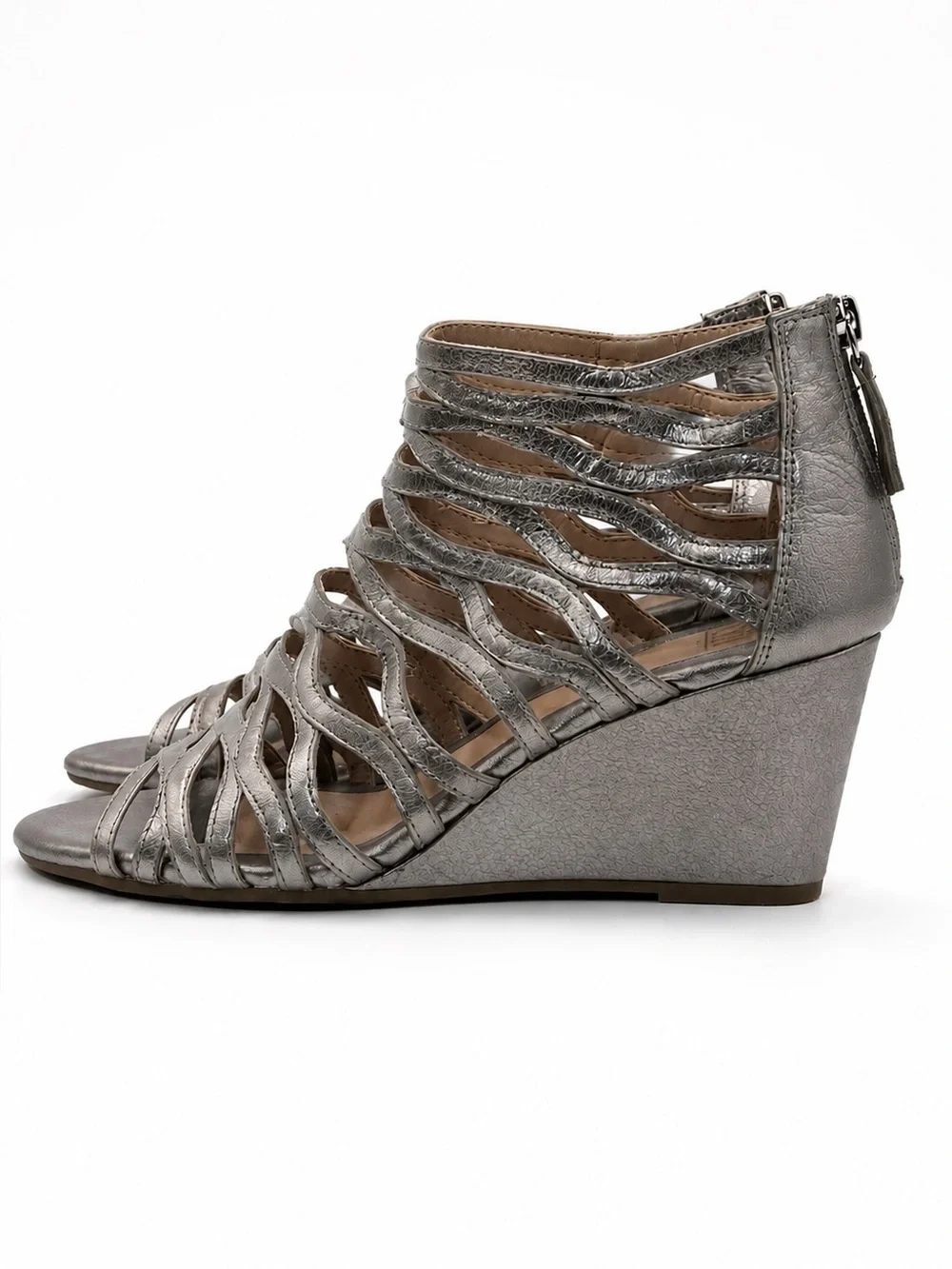 Sofft Francesca Gladiator Wedge Sandals Metallic Pewter Strappy Comfort 8.5 Zip